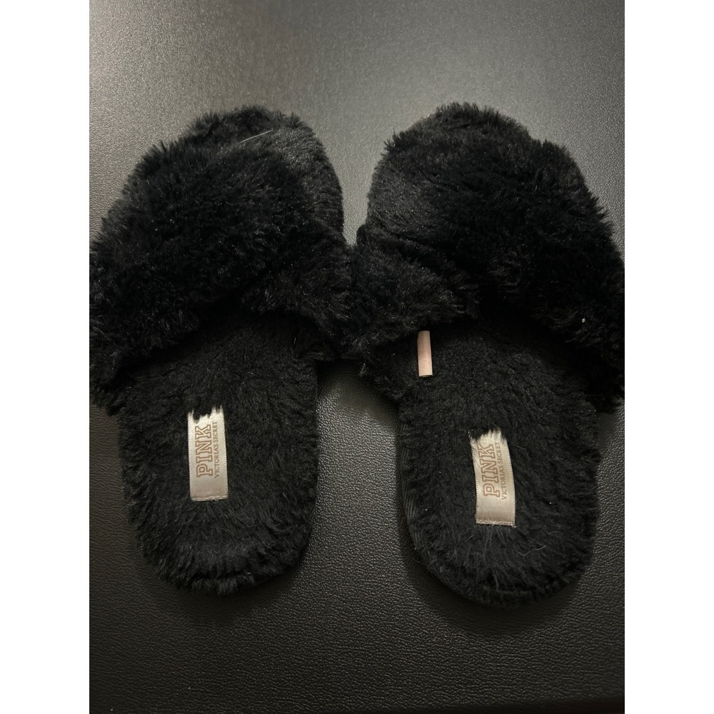 Victoria's Secret PINK Black Faux Fur Fuzzy Slide Slippers Comfy‎ Cozy